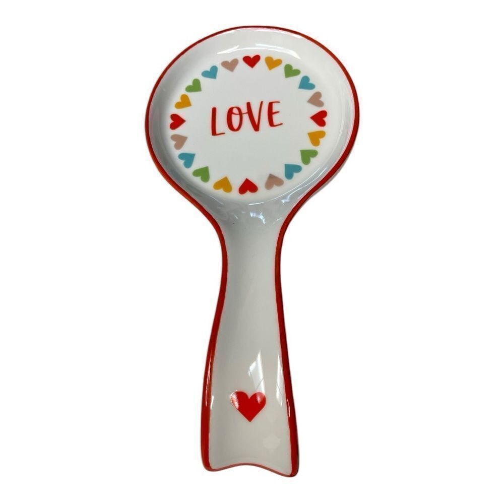 Spoon Rest "LOVE" White with Multicolor Rainbow Hearts, Ceramic